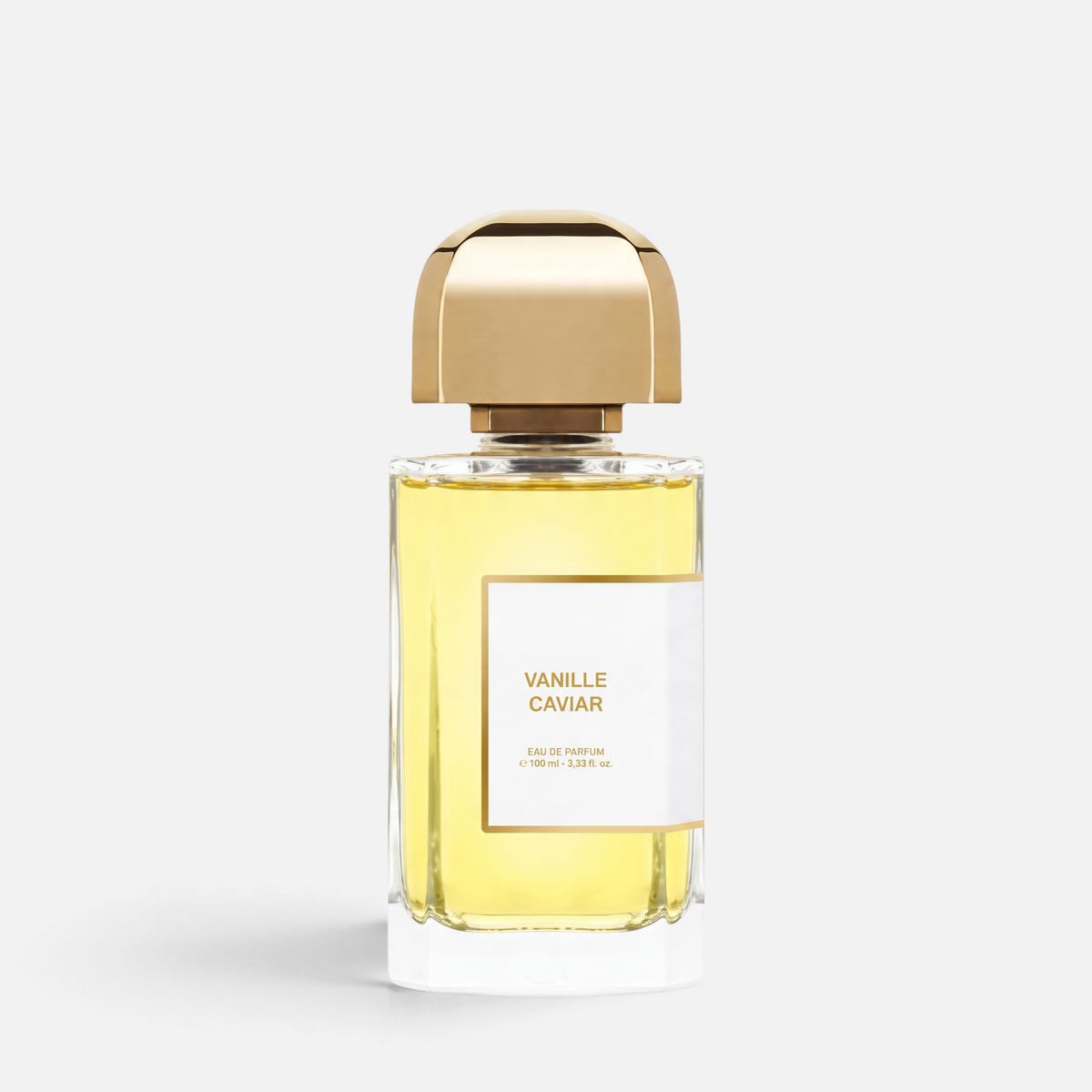 Shop Rescue Spa Vanille Caviar eau de parfum in a clear glass bottle with a gold cap and golden fragrance liquid.