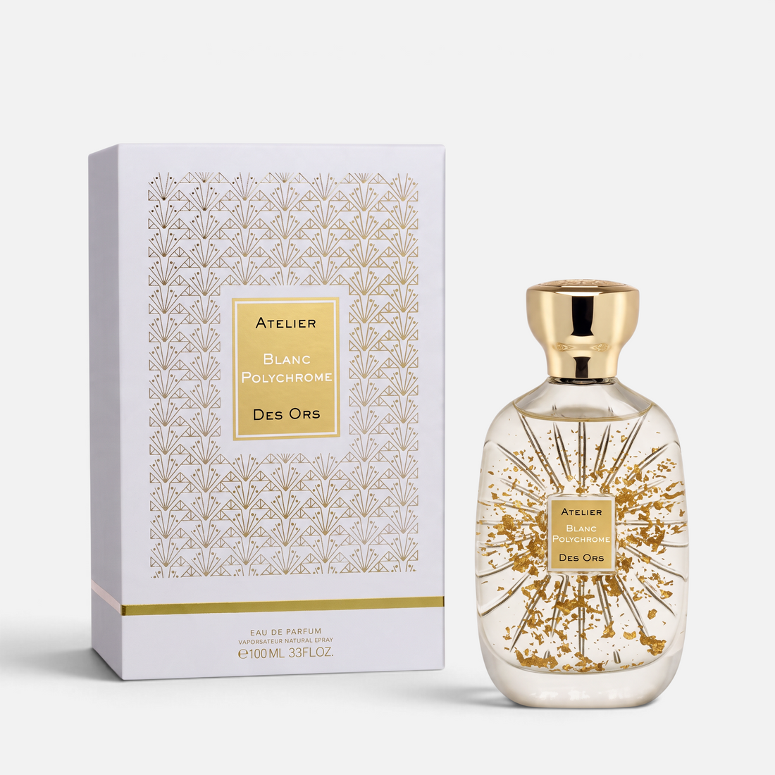 Shop Rescue Spa Atelier Des Ors Blanc Polychrome perfume bottle with gold flakes and matching white gift box