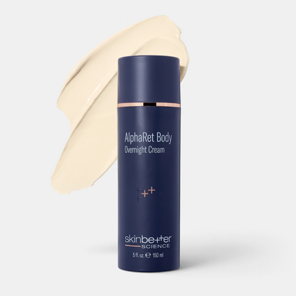 Shop Rescue Spa AlphaRet Body Overnight Cream in a navy blue pump bottle with a beige cream swatch on white background