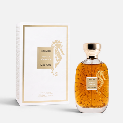 Shop Rescue Spa Atelier Des Ors Novae Vanilla perfume bottle with gold flakes and matching white gift box