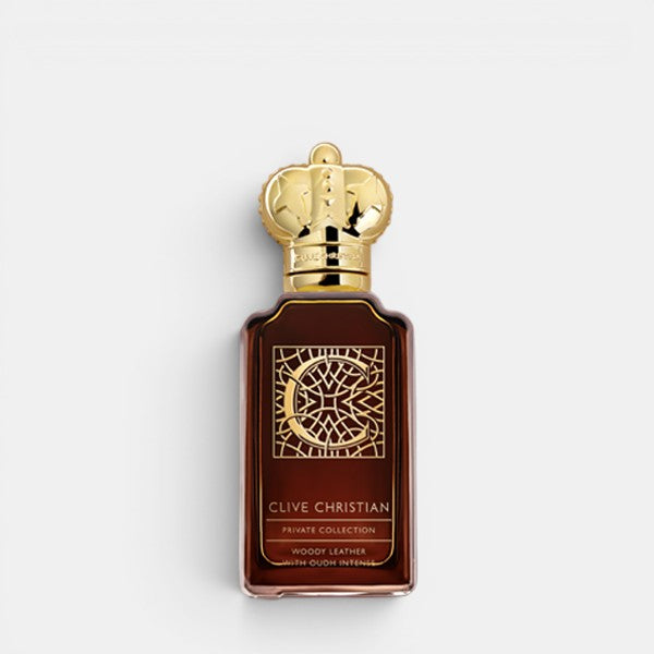 Front-facing product photo of Clive Christian C Woody Leather Parfum on a clean background, showing perfume bottle and label design.