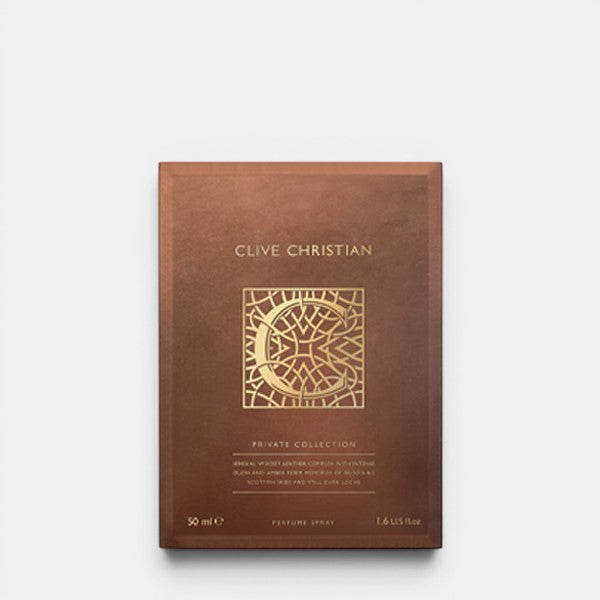 Front-facing product box of Clive Christian C Woody Leather Parfum on a clean background, showing branded packaging and detailing.