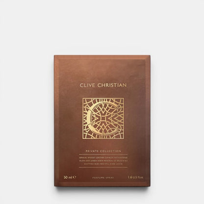 Front-facing product box of Clive Christian C Woody Leather Parfum on a clean background, showing branded packaging and detailing.