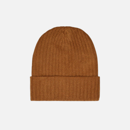 Shop Rescue Spa ribbed cashmere beanie in a warm brown tone with a wide fold-over brim for a snug winter fit.
