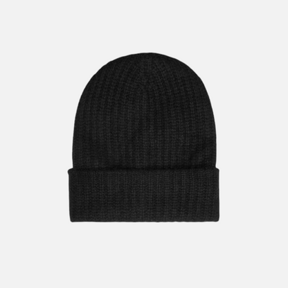 Shop Rescue Spa black ribbed cashmere beanie with a wide fold-over brim for a snug winter fit.