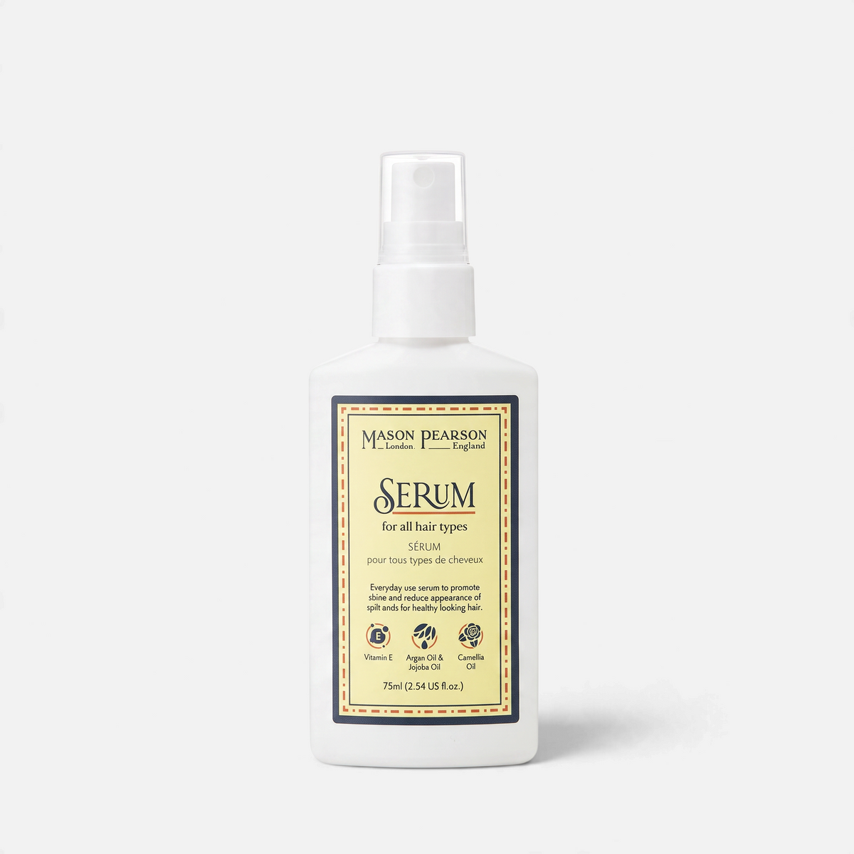 Shop Rescue Spa Mason Pearson hair serum in a white 75ml pump bottle for smoothing frizz and adding shine.