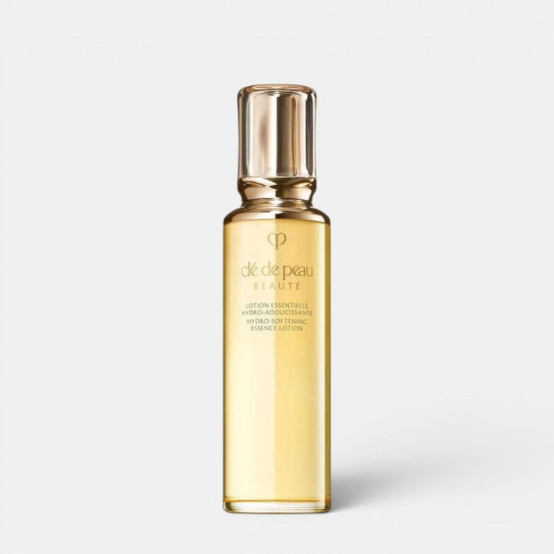 Cle De Peau Beaute hydro Softening Essence Lotion positioned upright with a white background. Hydrates &amp; nourishes normal to dry skin for 24 hrs.