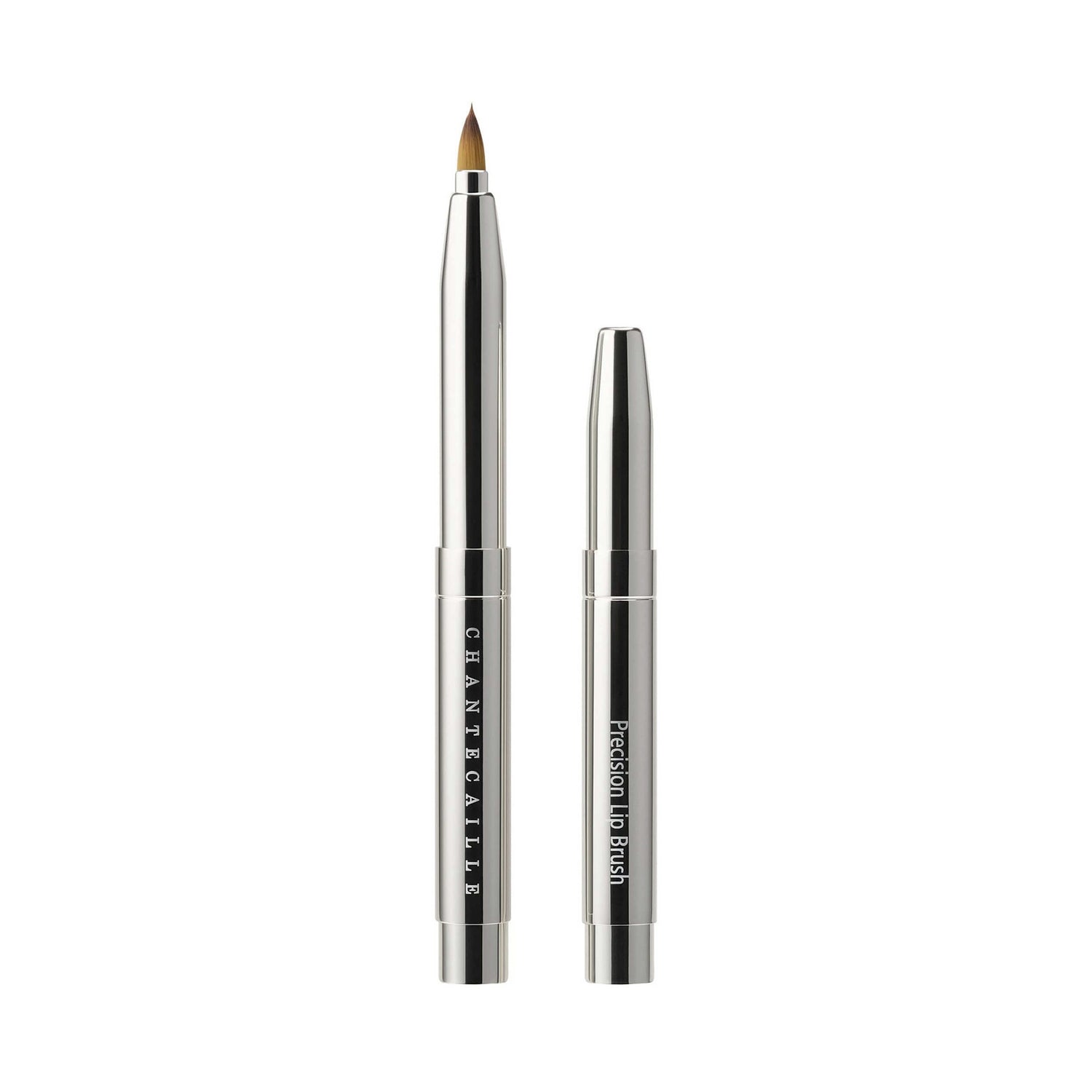 Chantecaille Precision Lip Brush positioned upright with a white background. A retractable, self-sealing soft vegan brush.