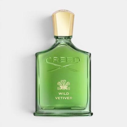 Front-facing product photo of Creed Wild Vetiver perfume bottle on a clean background, showing the glass flacon and label.