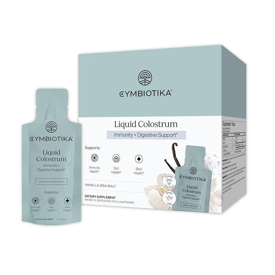 Cymbiotika Liquid Colostrum position upright with a white background. Liquid Colostrum may support hair, skin, nails, a healthy gut lining, and a healthy immune system.
