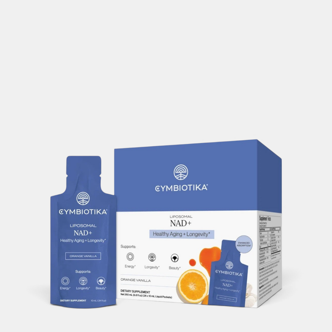 Shop Rescue Spa Cymbiotika Liposomal NAD+ orange vanilla supplement box and liquid packets for healthy aging