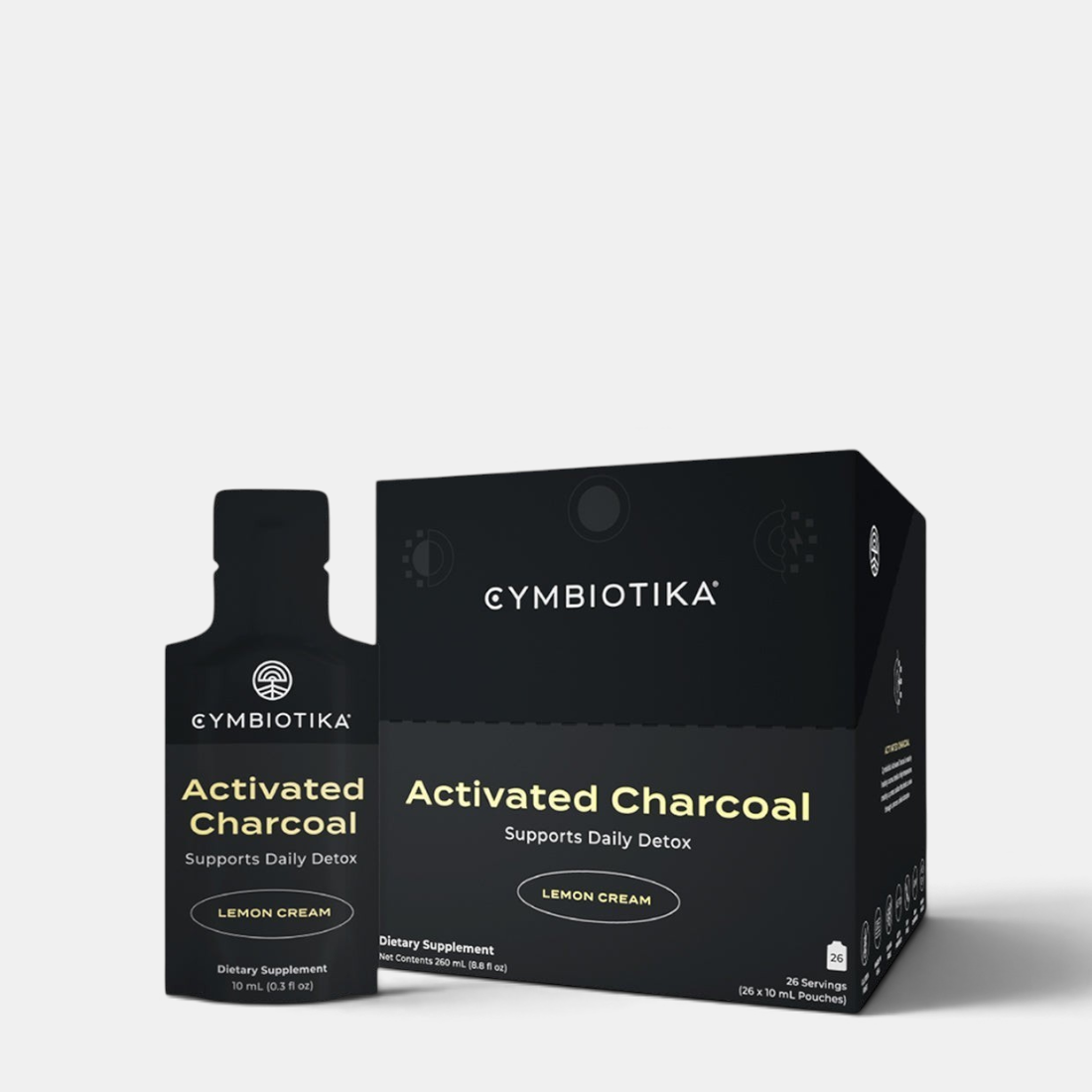 Shop Rescue Spa Cymbiotika Activated Charcoal Lemon Cream supplement pouch and box for daily detoxification