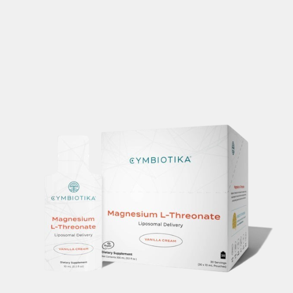 Shop Rescue Spa Cymbiotika Liposomal Magnesium L-Threonate vanilla cream supplement box and single pouch