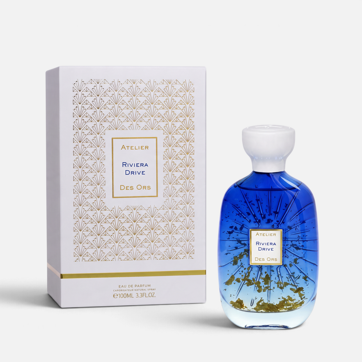 Shop Rescue Spa Atelier Des Ors Riviera Drive perfume bottle with gold flakes and matching white patterned box