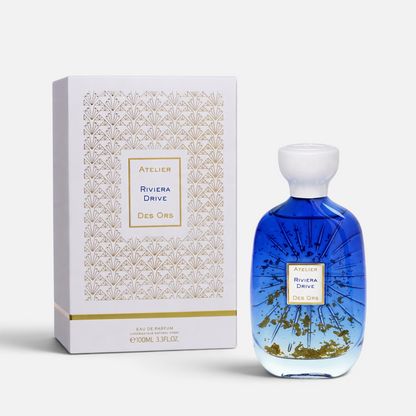 Shop Rescue Spa Atelier Des Ors Riviera Drive perfume bottle with gold flakes and matching white patterned box