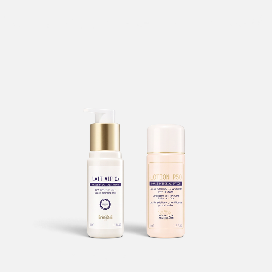 Shop Rescue Spa Biologique Recherche TSA travel duo featuring Lait VIP O2 cleanser and Lotion P50 exfoliating toner.