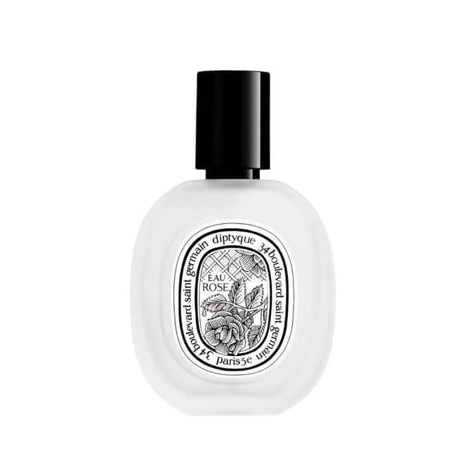 Diptyque Eau Rose Hair Mist positioned upright with a white background. Notes of Damascena rose, Centifolia rose, Litchi accord.