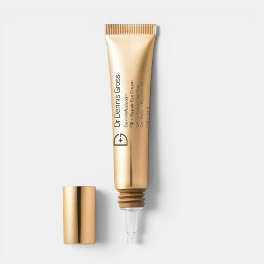 Dr. Dennis Gross DermInfusions Fill + Repair Eye Cream with Hyaluronic Acid positioned upright with a white background. Best for dark circles, sunken eyes, and wrinkles.