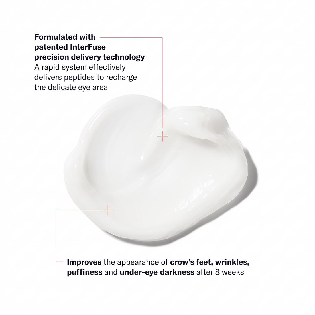 Shop Rescue Spa InterFuse Treatment Cream EYE texture showing a smooth white cream with product benefit annotations