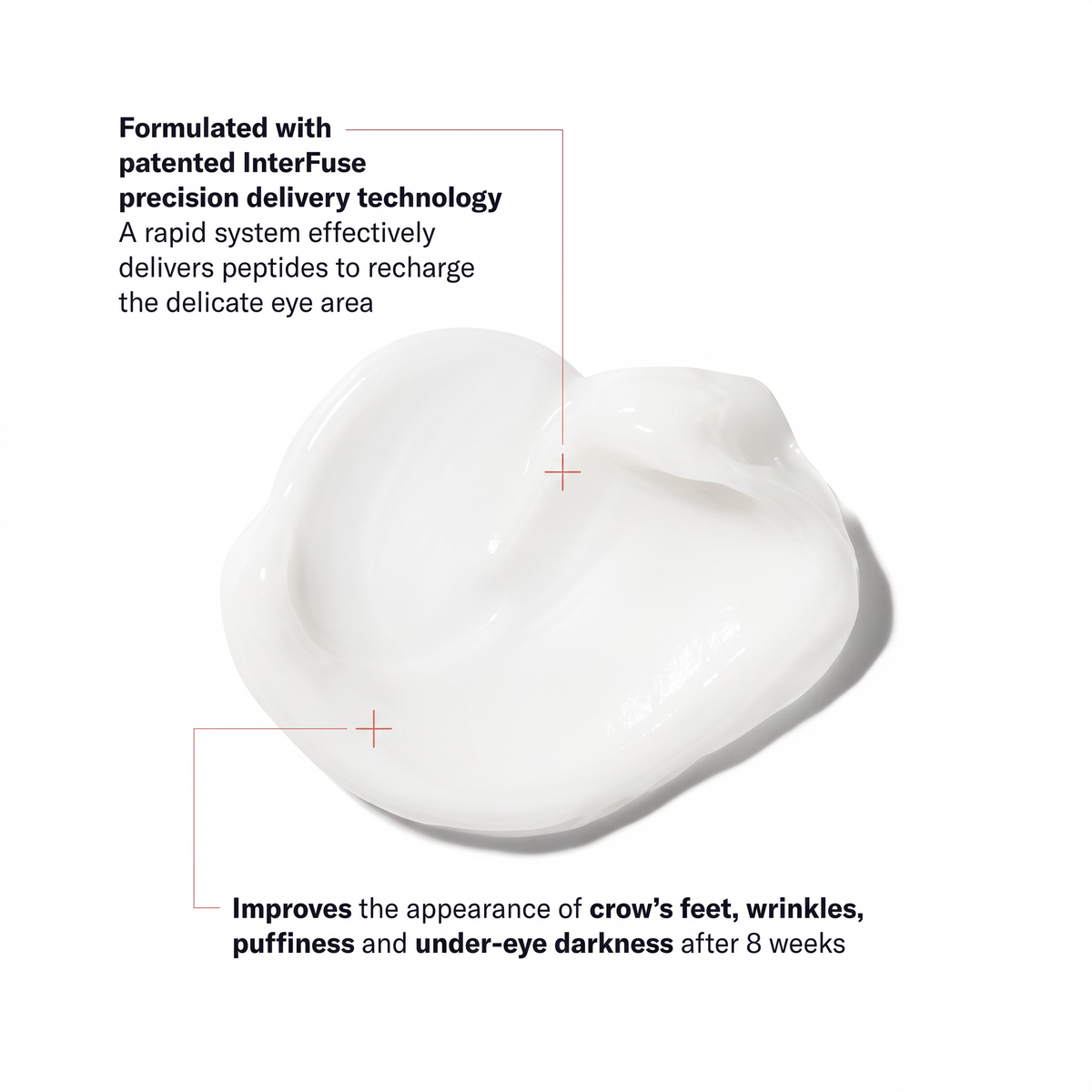 Shop Rescue Spa InterFuse Treatment Cream EYE texture showing a smooth white cream with product benefit annotations