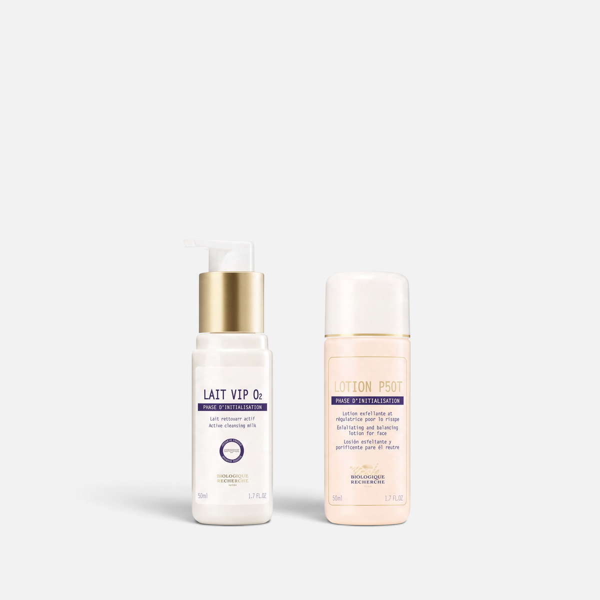 Shop Rescue Spa Biologique Recherche travel duo featuring Lait VIP O2 cleanser and Lotion P50T in 1.7 oz bottles.