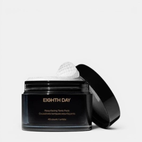 Eighth Day The Resurfacing Tonic Pads open jar with resurfacing pad white background centered skincare exfoliating pads