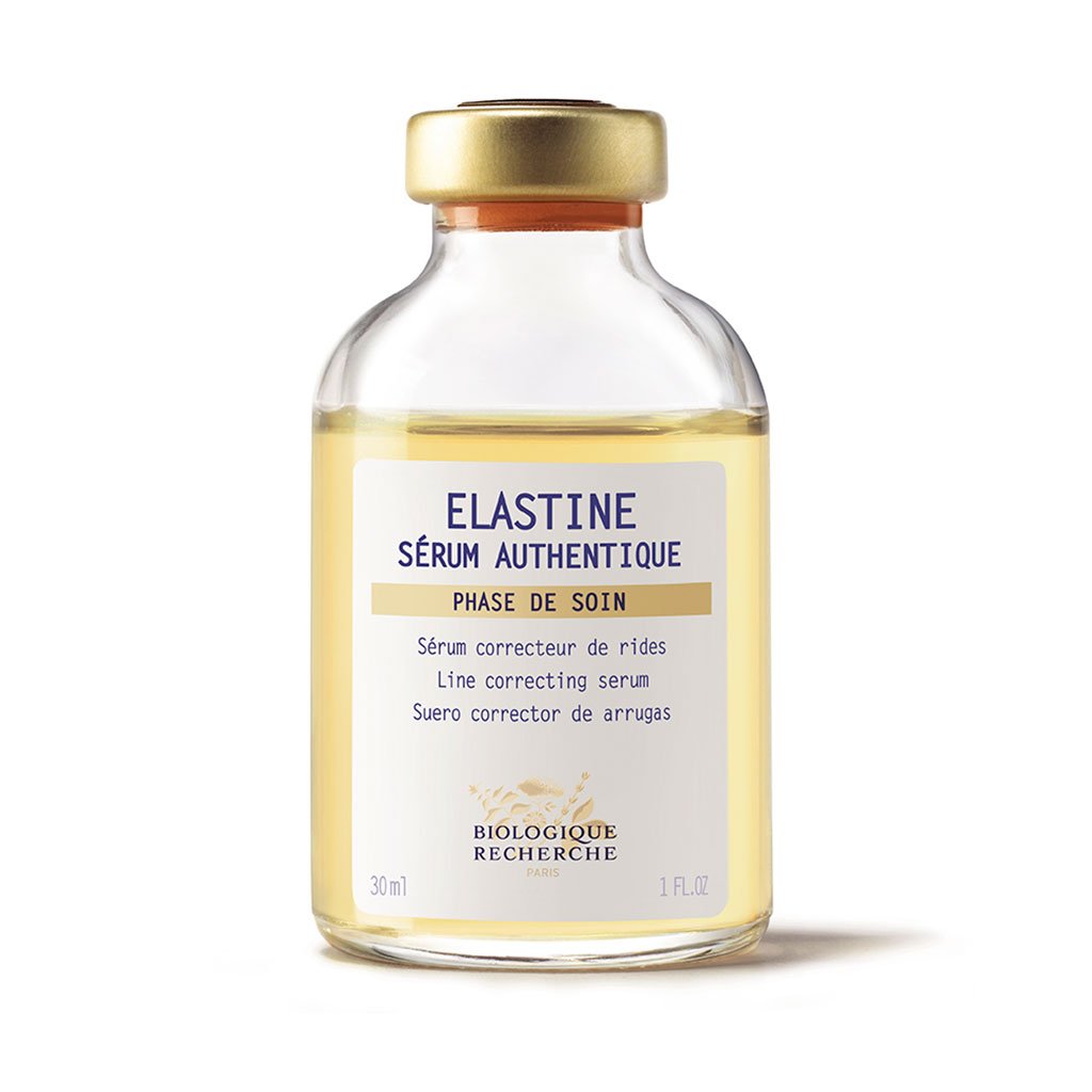 Biologique Recherche Sérum Elastine – anti-wrinkle serum for fine lines and skin elasticity. Glass bottle with Liquid Serum Size 1.0 fl.oz photographed on a white backround. 

