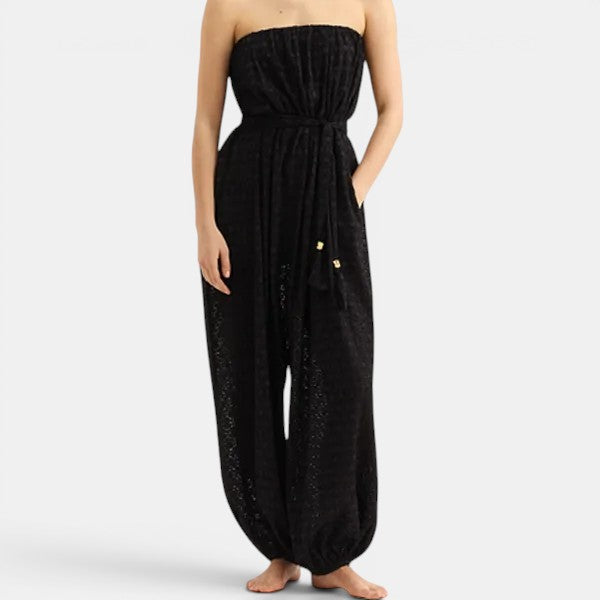Front view of Eres Evening Bustier Jumpsuit worn on model, showing strapless bustier top and full-length silhouette.
