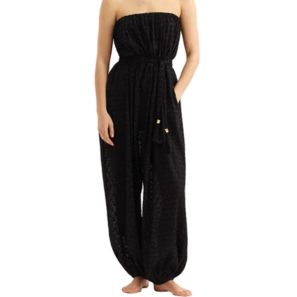 Front view of Eres Evening Bustier Jumpsuit worn on model, showing strapless bustier top and full-length silhouette.