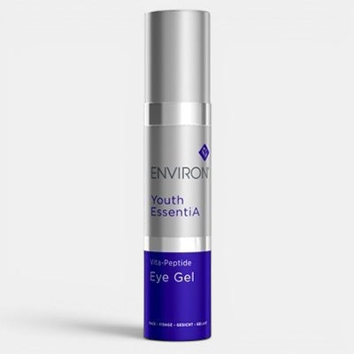 Environ Youth EssentiA Vita-Peptide Eye Gel bottle on a white background  anti-aging eye gel for sensitive and wrinkle prone skin