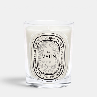 Shop Rescue Spa Diptyque Le Matin candle in a clear glass vessel with an illustrated label featuring mint and ginger.