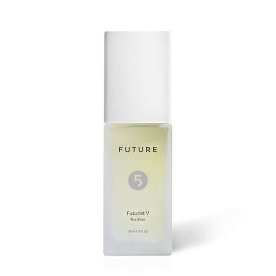 Future 5 Elements Futuristic V The Elixir positioned upright with a white background and bottom right shadow. Formulated to reduce signs of aging, restore firmness.