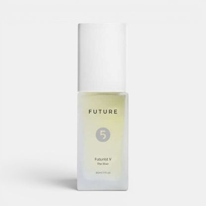 Future 5 Elements Futuristic V The Elixir positioned upright with a white background and bottom right shadow. Formulated to reduce signs of aging, restore firmness.