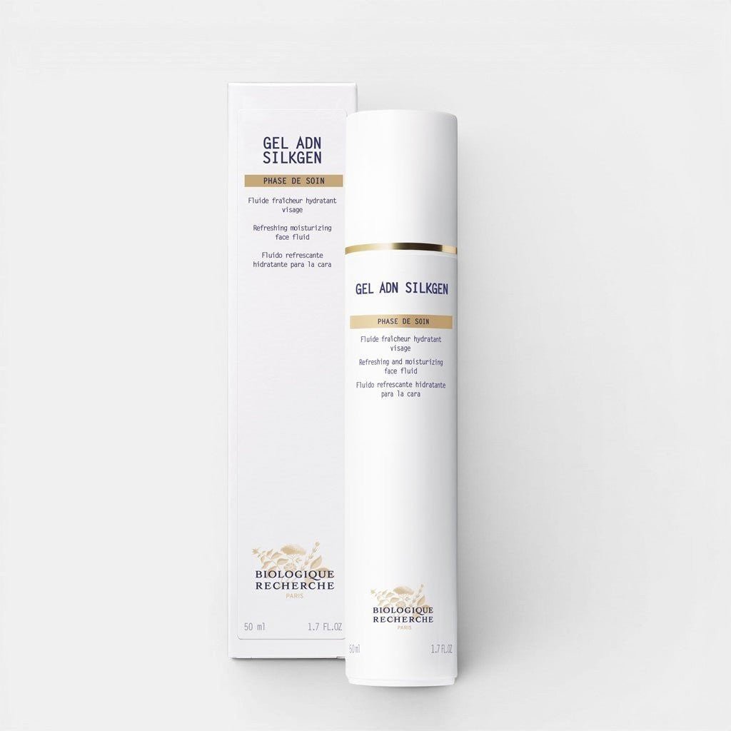 Biologique Recherche Gel ADN Silkgen – lightweight, hydrating gel in a sleek clear bottle with white cap, designed to tone, soften, and protect all skin types. Available at Shop Rescue Spa