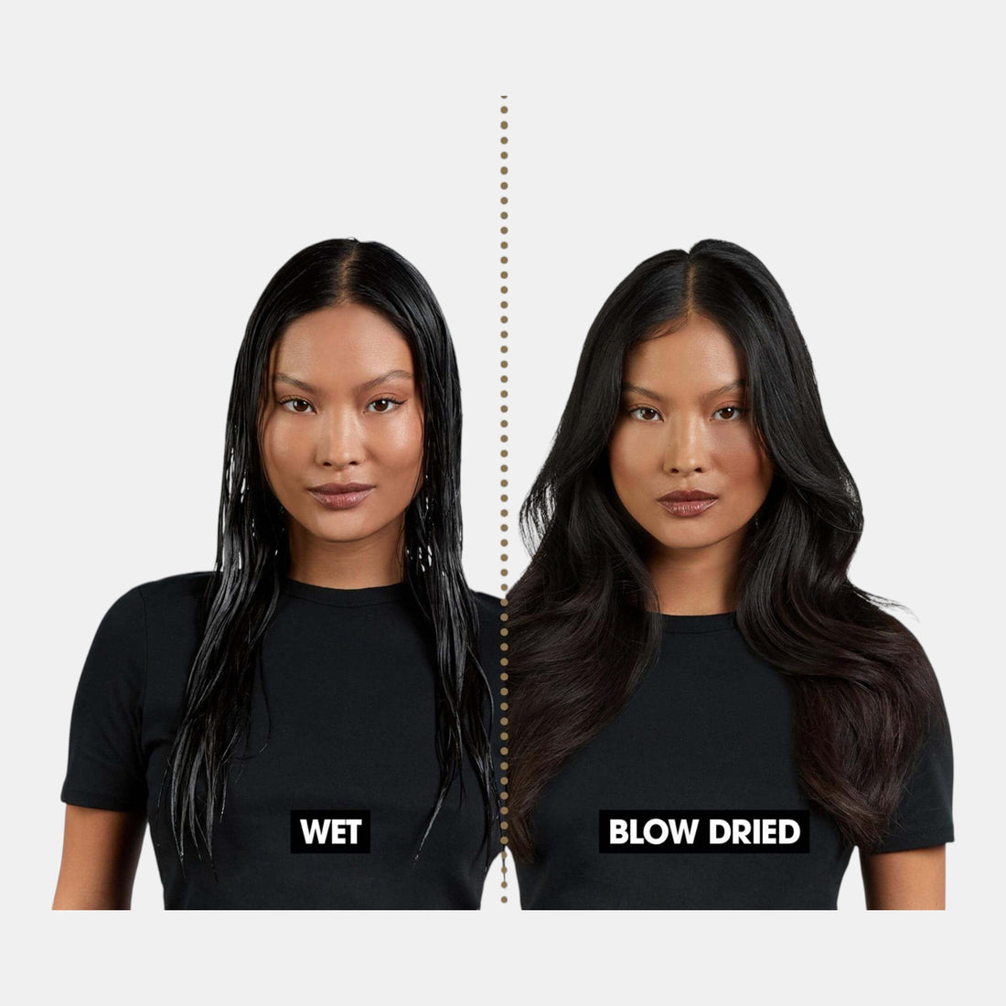 ghd Duet Blowdry hair dryer brush showing a model with wet hair versus a smooth, voluminous blowout.