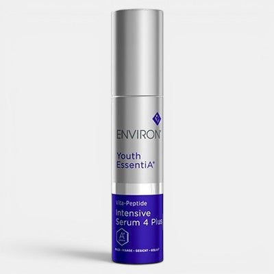 Environ Youth Essentia Intensive Serum 4 Plus on a white background. Intensive Vitamin A &amp; C Serum, good for  skin showing early signs of aging, uneven texture or dullness.