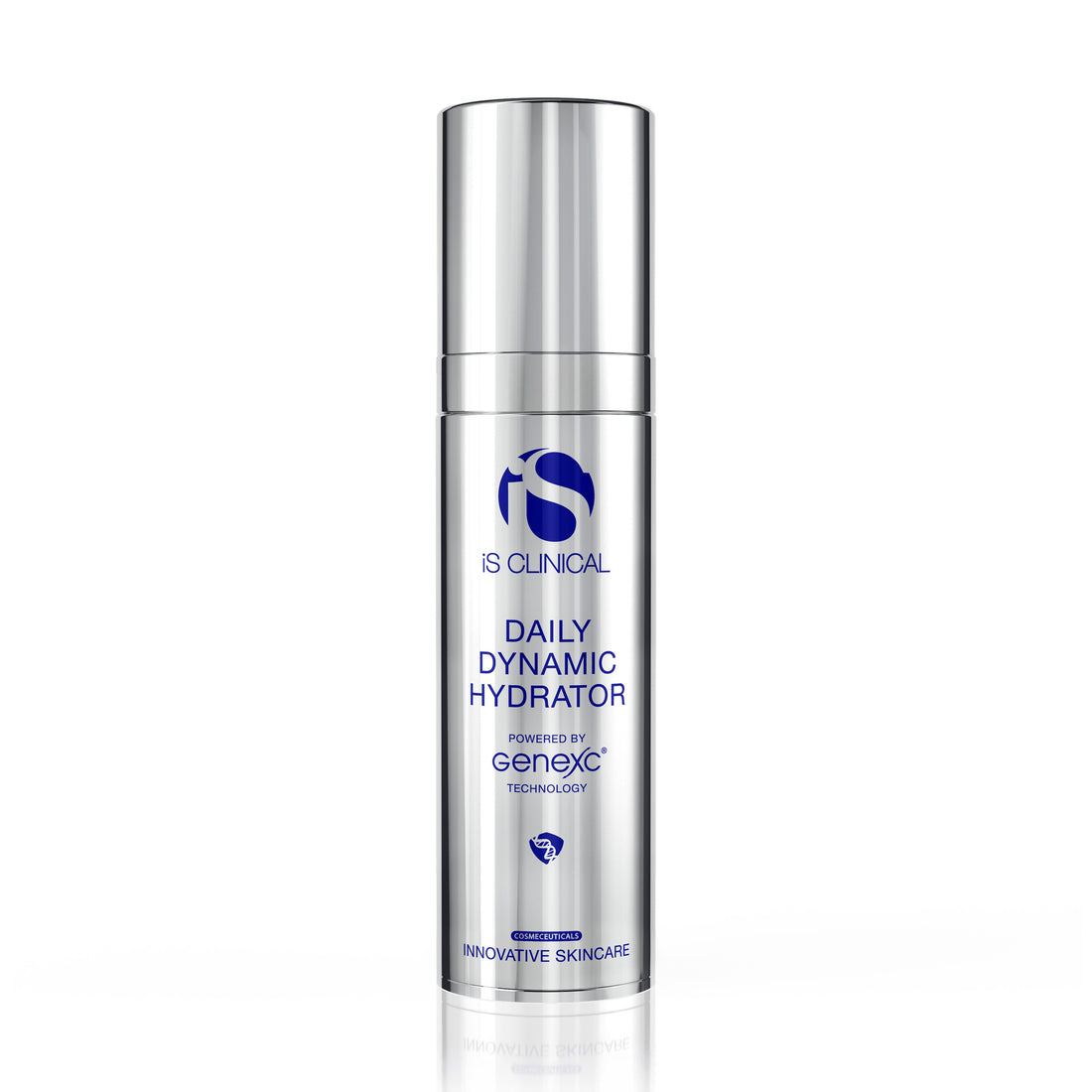IS Clinical daily dynamic hydrator positioned upright in a cylindrical bottle with a reflection on the bottom. Formula to prevent aging and defend environmental stressors.