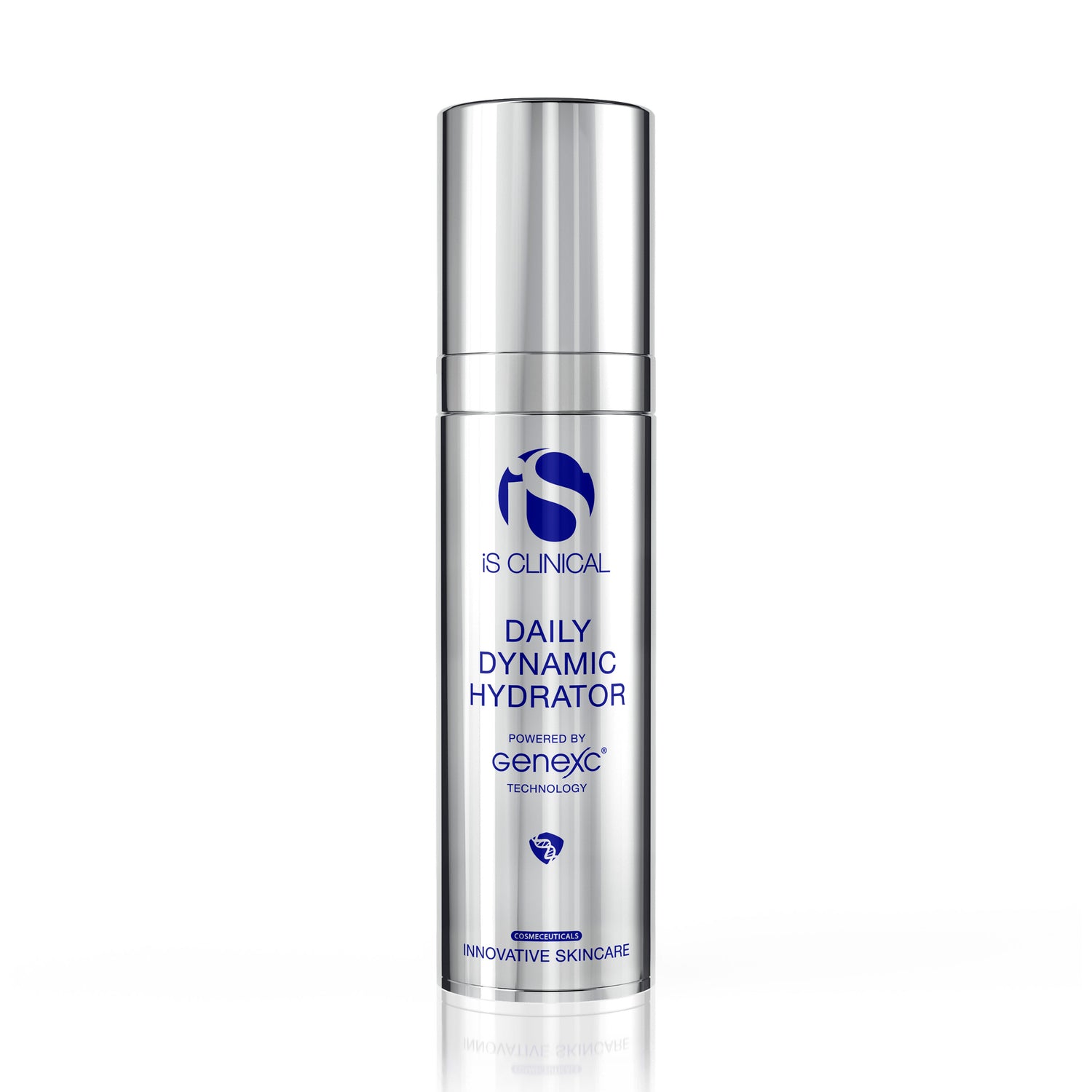 IS Clinical daily dynamic hydrator positioned upright in a cylindrical bottle with a reflection on the bottom. Formula to prevent aging and defend environmental stressors.