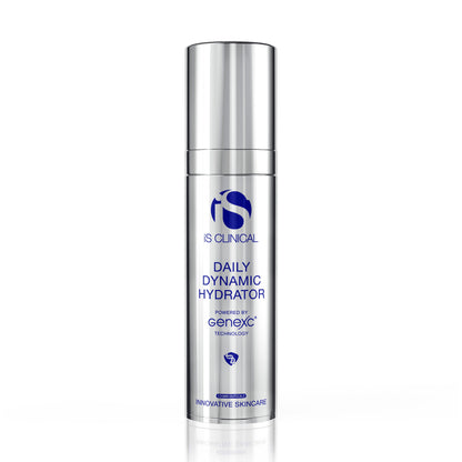 IS Clinical daily dynamic hydrator positioned upright in a cylindrical bottle with a reflection on the bottom. Formula to prevent aging and defend environmental stressors.