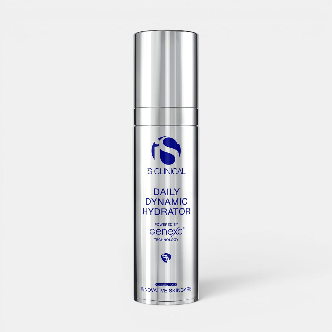 IS Clinical daily dynamic hydrator positioned upright in a cylindrical bottle with a reflection on the bottom. Formula to prevent aging and defend environmental stressors.