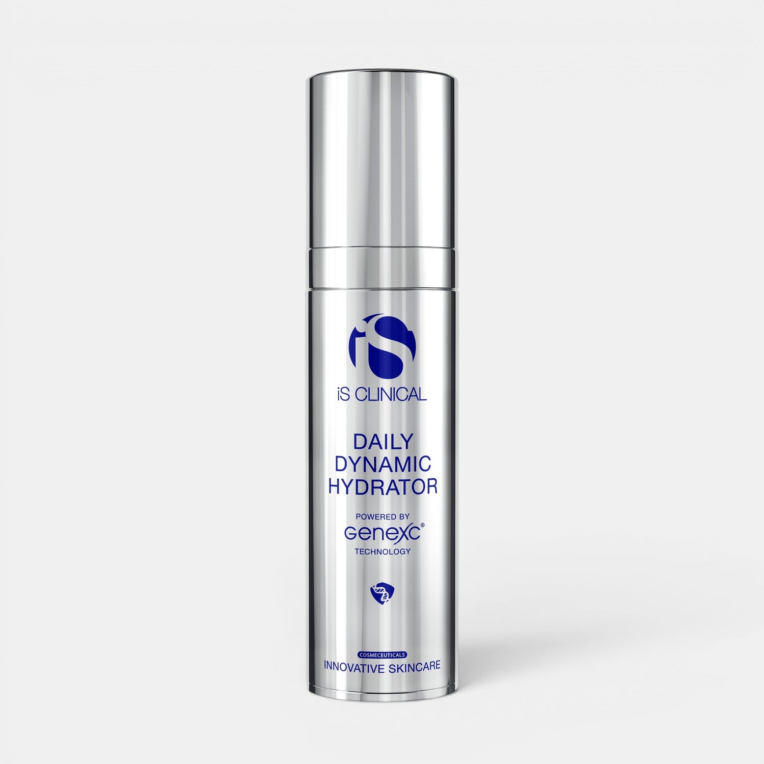 IS Clinical daily dynamic hydrator positioned upright in a cylindrical bottle with a reflection on the bottom. Formula to prevent aging and defend environmental stressors.