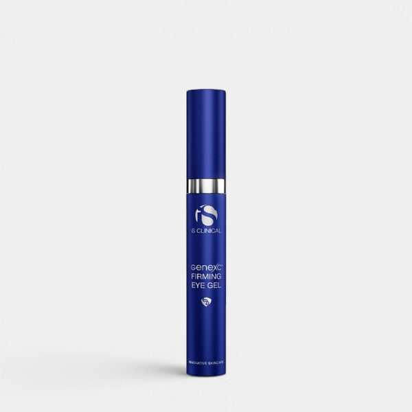 Front-facing unboxed product photo of iS Clinical Genexc Firming Eye Gel centered on a white background, showing eye gel container.