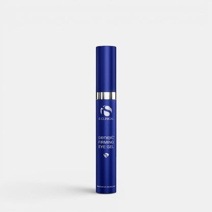 Front-facing unboxed product photo of iS Clinical Genexc Firming Eye Gel centered on a white background, showing eye gel container.