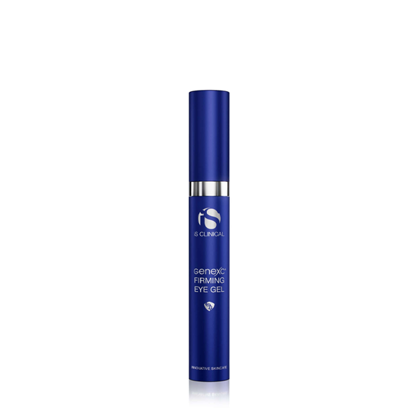 Front-facing unboxed product photo of iS Clinical Genexc Firming Eye Gel centered on a white background, showing eye gel container.