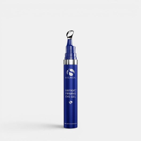 Unboxed product photo of iS Clinical Genexc Firming Eye Gel with cap removed, centered on a white background, showing open container.