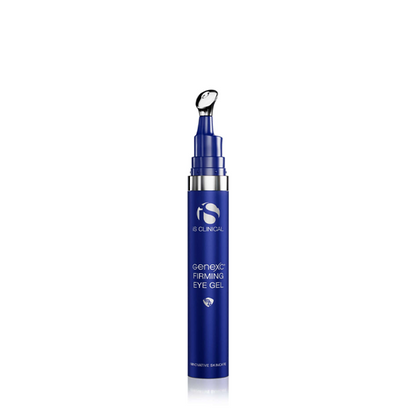 Unboxed product photo of iS Clinical Genexc Firming Eye Gel with cap removed, centered on a white background, showing open container.