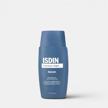 Front-facing product photo of ISDIN Eryfotona Night Serum on a clean white background, showing sleek clinical packaging and minimalist design.