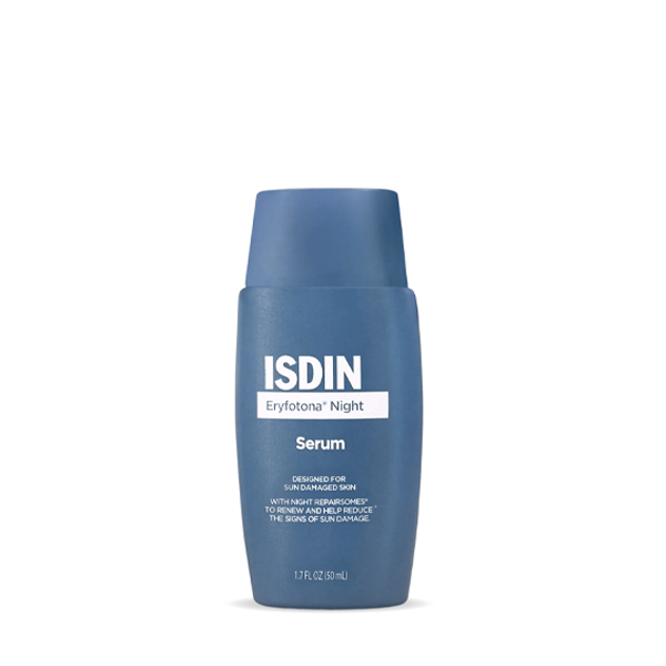 Front-facing product photo of ISDIN Eryfotona Night Serum on a clean white background, showing sleek clinical packaging and minimalist design.