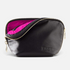 Shop Rescue Spa black leather makeup bag with a vibrant pink interior lining and gold zipper hardware.