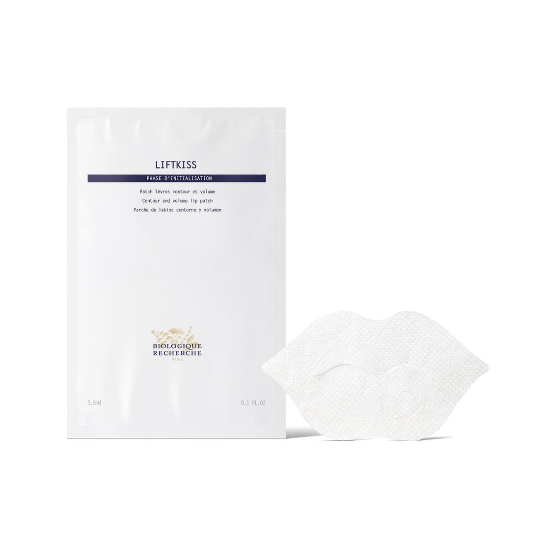 Biologique Recherche Liftkiss lip mask shown in its sleek, minimalist packaging on a white background. The single-use biocellulose mask is designed to hydrate, plump, and smooth the lips and surrounding contour. Ideal for dry, aging, or volume-depleted lips
